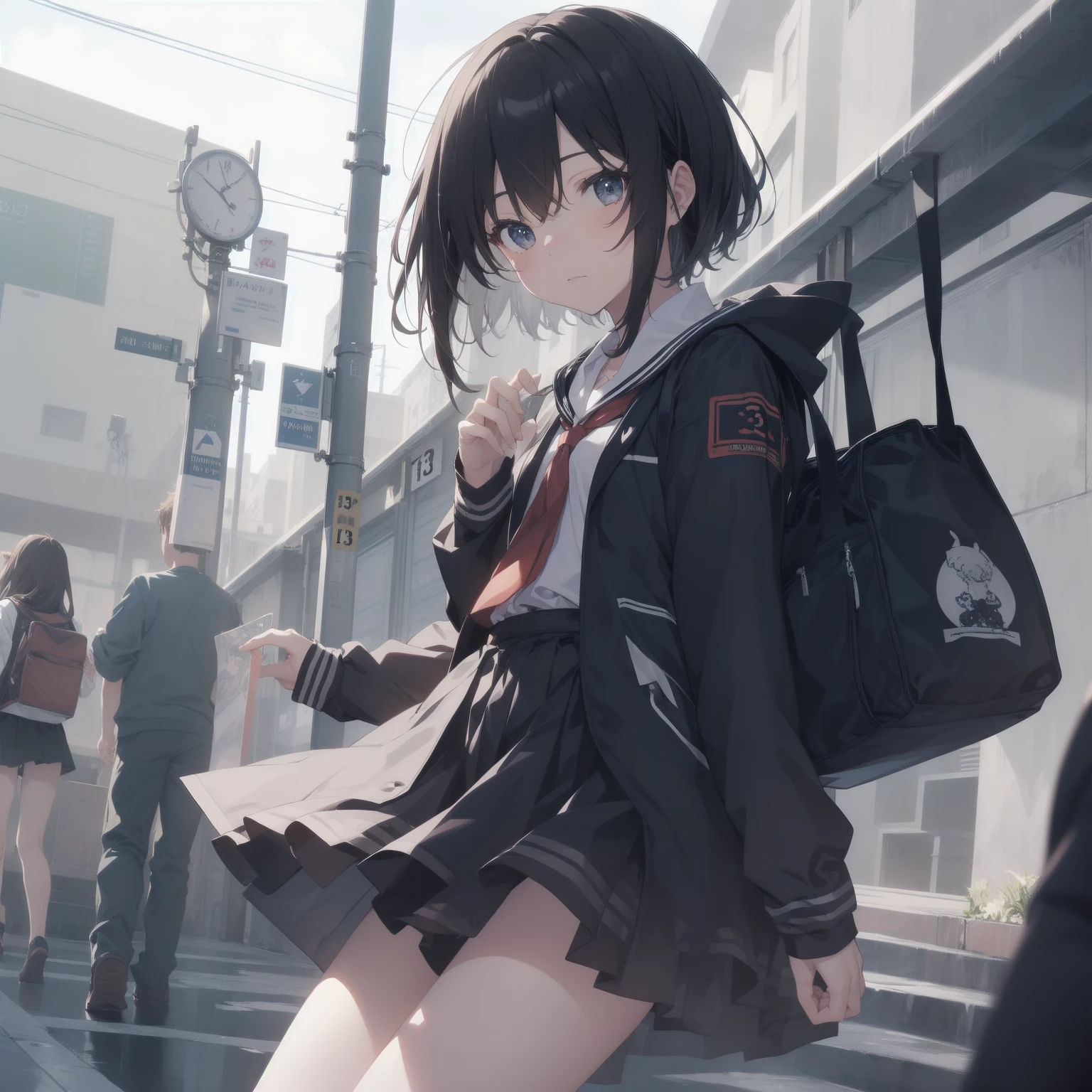 ultra-absurdres-Top quality by artist God, ultra-detailed, high resolution, anime moe artstyle, best anime 8k konachan wallpaper, pixiv contest winner, pool:2810, perfect anatomy,break, 1girl, (Please draw a girl walking sleepily to school alone. )break,(Solo,little female, 13-year-old:1.3),Full limbs, complete fingers,a junior high school student, (very short hair), short cut, flat chest, , small butt, small black eyes, beautiful detailed eyes, well-proportioned iris and pupils, expressive eyes, highres detailed hair, soft expression, salor school_uniform, sailor collar, serahuku, bow, pleated skirt,(Detailed Lighting), (Detailed background), in the School commute route. break,super detailed skin, Best cinematic lighting powered by famous artist, 8k,beauty illustration,photoshop_(medium),very aesthetic,break,((artist:ishikei )), artist:clamp ,artist:carnelian ,artist:kantoku ,