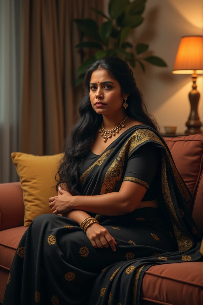 Create an image of A realistic image of a 30-year-old Indian woman with a curvy body, sitting on a couch in a cozy living room. She is wearing a black saree with intricate patterns, and her long black hair is tied back. The woman has an angry expression, with her arms crossed and a stern look on her face. The setting includes soft lighting and warm colors, emphasizing her displeased mood as she sits upright on a cushioned couch.