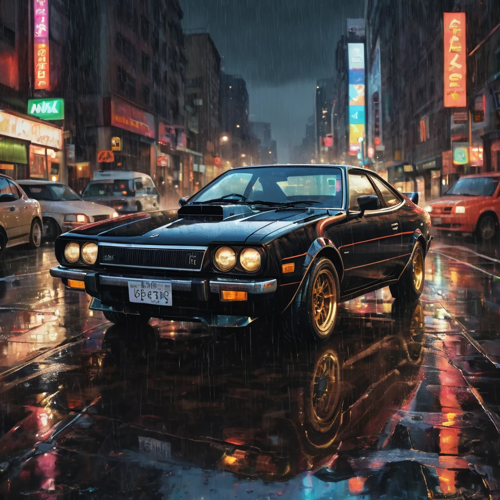 A black chrome toyota celica GTV AT27 full option dark race but classic car in the style of sam spratt, historical vintage car, old masters, genndy tartakovsky, soggy, masaccio, a 1990s poster style with rainy details, colorful with vibrant colors, (low-light, breathtaking panoramic:1.3), night newyork city background, rainny, light reflection at the floor, acrilic art paint