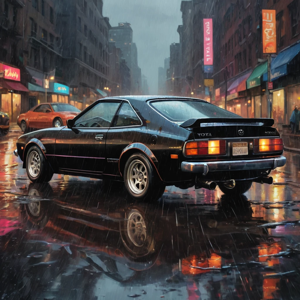 A black chrome toyota celica GTV AT27 full option dark race but classic car in the style of sam spratt, historical vintage car, old masters, genndy tartakovsky, soggy, masaccio, a 1990s poster style with rainy details, colorful with vibrant colors, (low-light, breathtaking panoramic:1.3), night newyork city background, rainny, light reflection at the floor, acrilic art paint