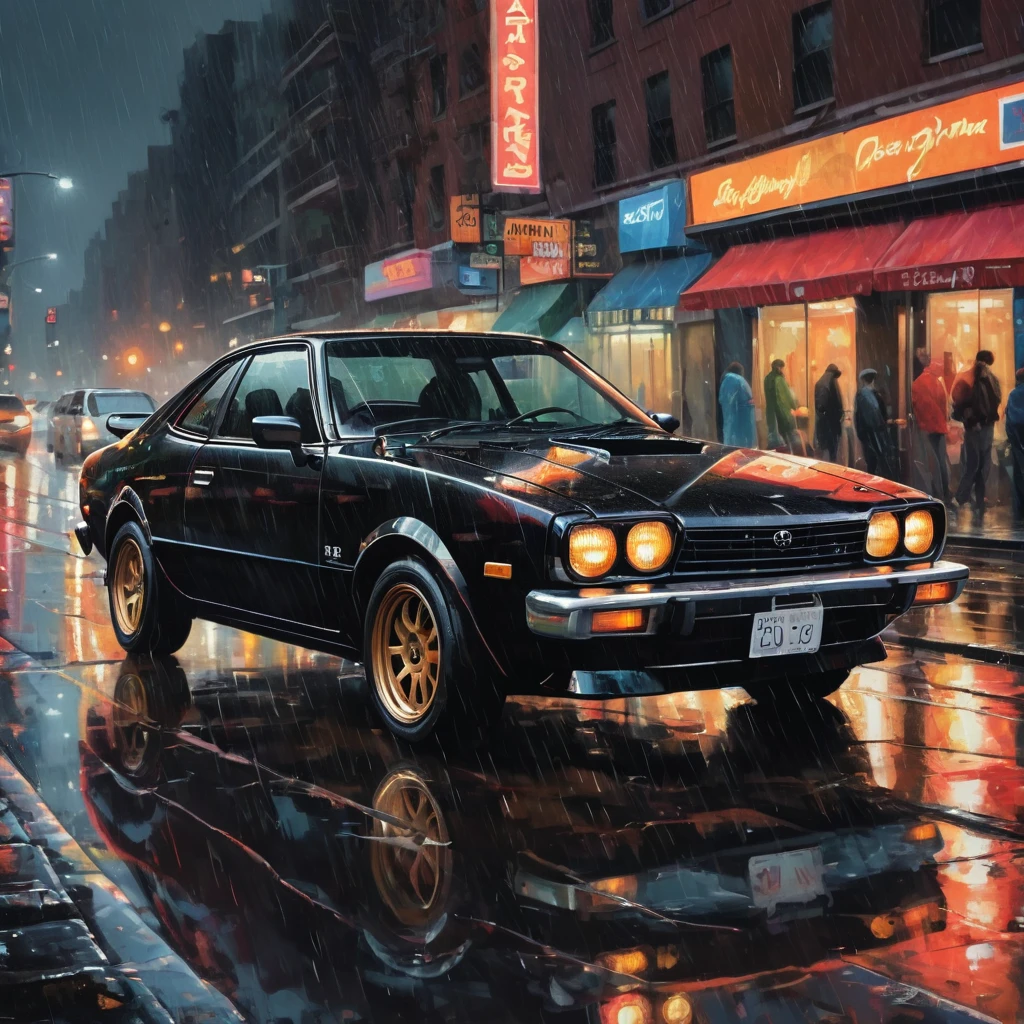 A black chrome toyota celica GTV AT27 full option dark race but classic car in the style of sam spratt, historical vintage car, old masters, genndy tartakovsky, soggy, masaccio, a 1990s poster style with rainy details, colorful with vibrant colors, (low-light, breathtaking panoramic:1.3), night newyork city background, rainny, light reflection at the floor, acrilic art paint