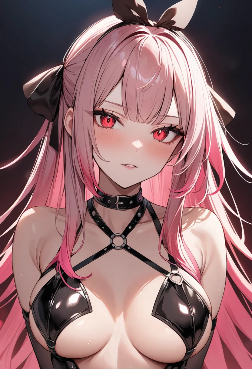 (masterpiece, top quality, very aesthetic, 4k、illustration), intricate detail, 1woman,solo,contrapposto 、Strong glowing eyes、,(upper body)、Young face、(bdsm、Erotic),beautiful face、(fluorescence pink gradient hair)、multicolored hair,hair ribbon,middle hair,sidelock ,red eyes、SM Queen、dominatrix、medium breasts、slender 、