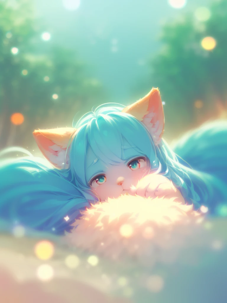(Sumilux f1.4 24mm , low Latitude old color negative film , cross process , (bokeh), Long exposure , blur , flare, chromatic aberration , soft focus, (Shallow focus) , soft glow , Maximum aperture, high Key , Transparent depiction , Tyndall:1.3)  , Fluffy woman , Fluffy foam on private parts , lying down
