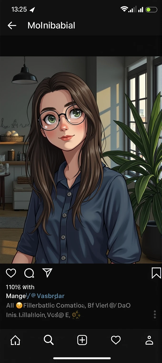 a white Brazilian woman , Your hair is brown with some blonde highlights , is in his 20s , She wears a blouse and glasses and looks like a shy nerdy girl.