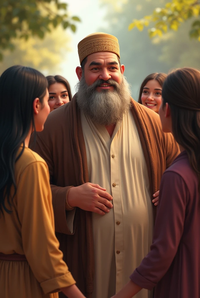 Fat  and short muslim man with topi on his head with girls