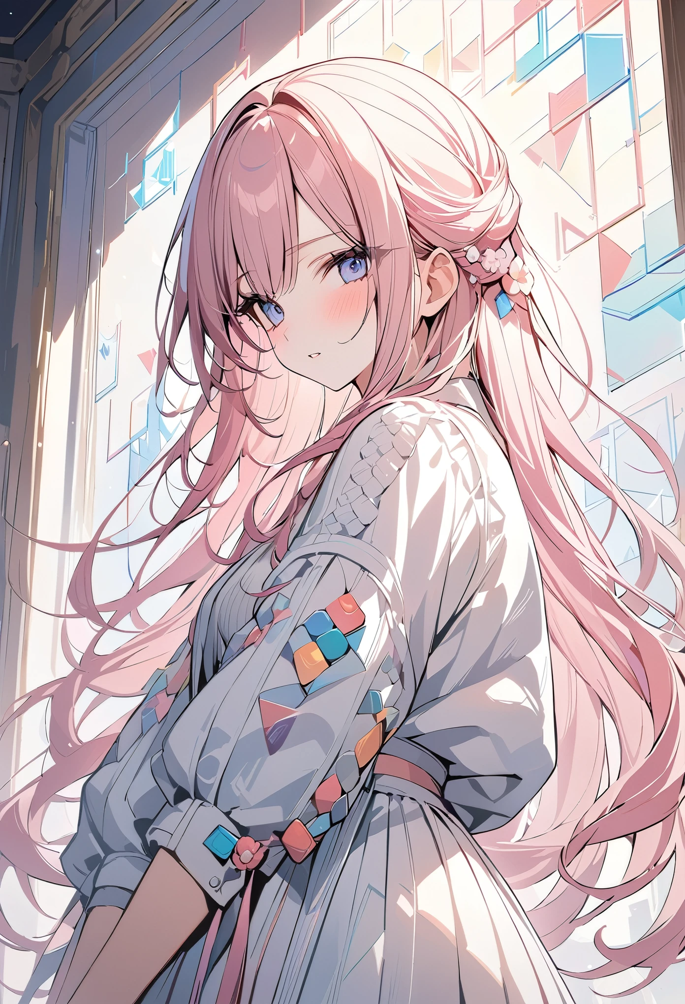 ,beautiful flower々), (masterpiece, Highest quality), Official Art, beautifully、aesthetic: 1.2), (1 girl), Very detailed, (Geometry Art: 1.3), colorful、Pink Long Hair、