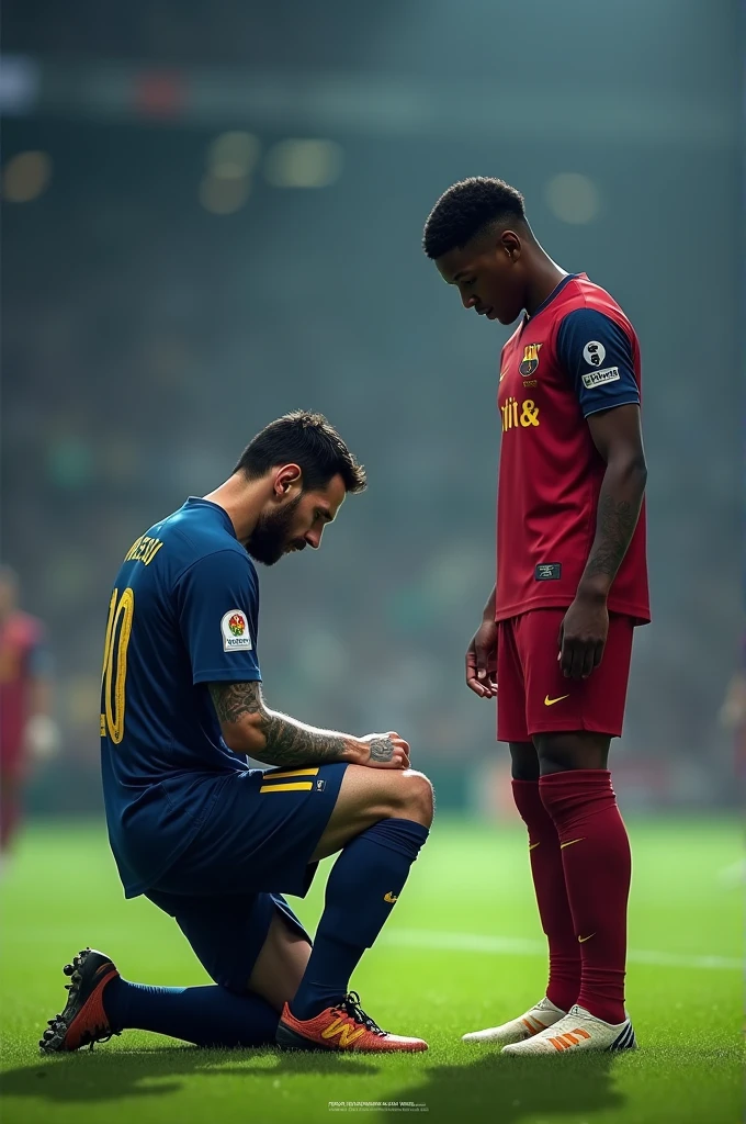 Create Messi kneeling in front of Mbappe