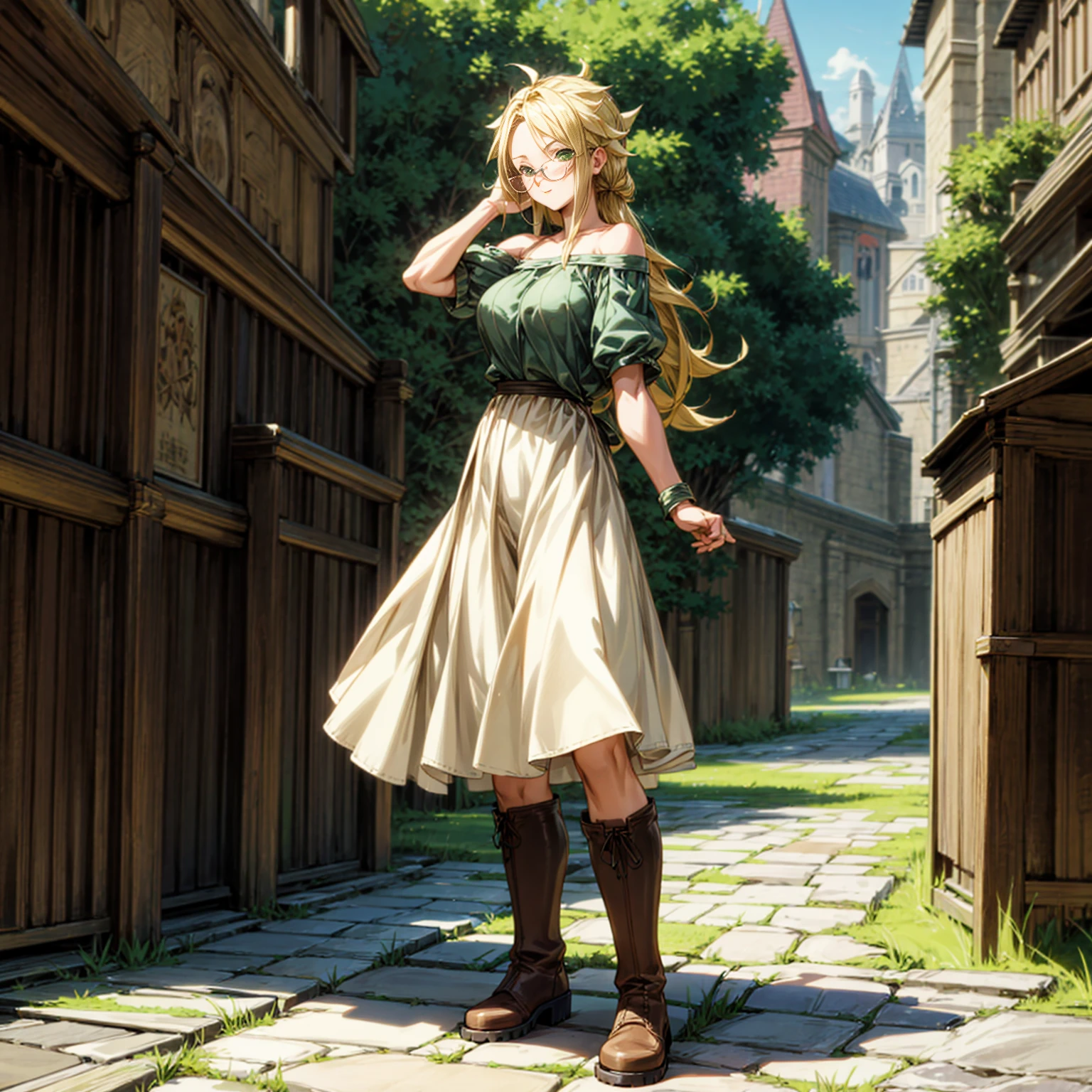 Solo character, full body version, young girl, muscle, green eyes, blonde color hair, long hair, casual clothing, bare shoulder clothing, boots, outdoor, town, medieval, morning, standing gesture, detailed background, detailed clothing, detailed hair, happy eyes, (food wars style art), (dragon ball style art), glasses, big breast 