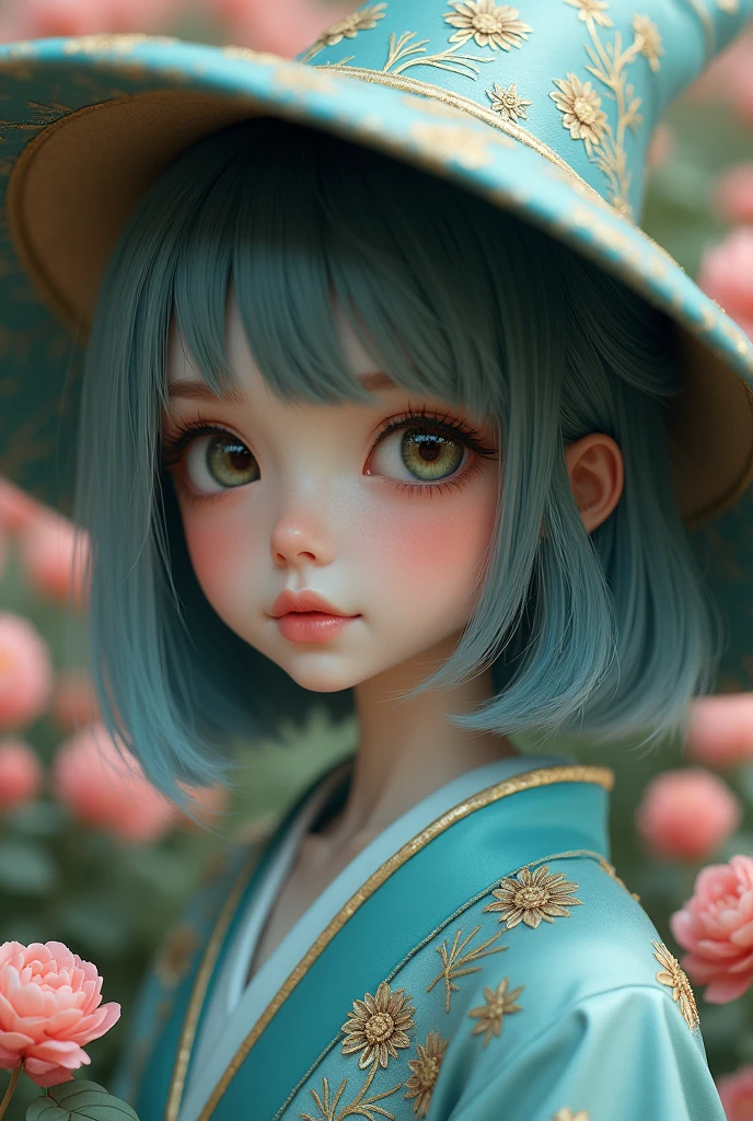 A high-resolution, close-up portrait of a young woman with a soft, ethereal beauty. She has a fair complexion and large, expressive eyes with long eyelashes, which gives her a slightly doll-like appearance. Her hair is a smooth, shoulder-length bob with a subtle wave, colored in a muted shade of blue with soft highlights. She is wearing a traditional, elaborately embroidered kimono in shades of teal and gold, featuring intricate floral patterns with delicate lines. The kimono is worn over a light blue undergarment, visible at the collar. On her head, she wears a pointed witch hat with a wide brim, made of a silky, slightly glossy material that matches the color scheme of her outfit. The background is filled with a soft-focus floral display of pink and white flowers, with green leaves adding contrast. The overall mood is calm and serene, with a touch of fantasy.