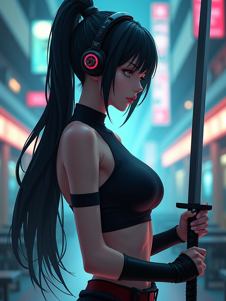 1woman,matured,perfect body,tall ,drawing a katana stance,stoic ,calm,cyber punk,school dress,skirt,high tech head phones,anime school scene,blunt bang hair,super long black hair,high tech cyber punk outfit,close up shot, AnimagineXL v3.1,