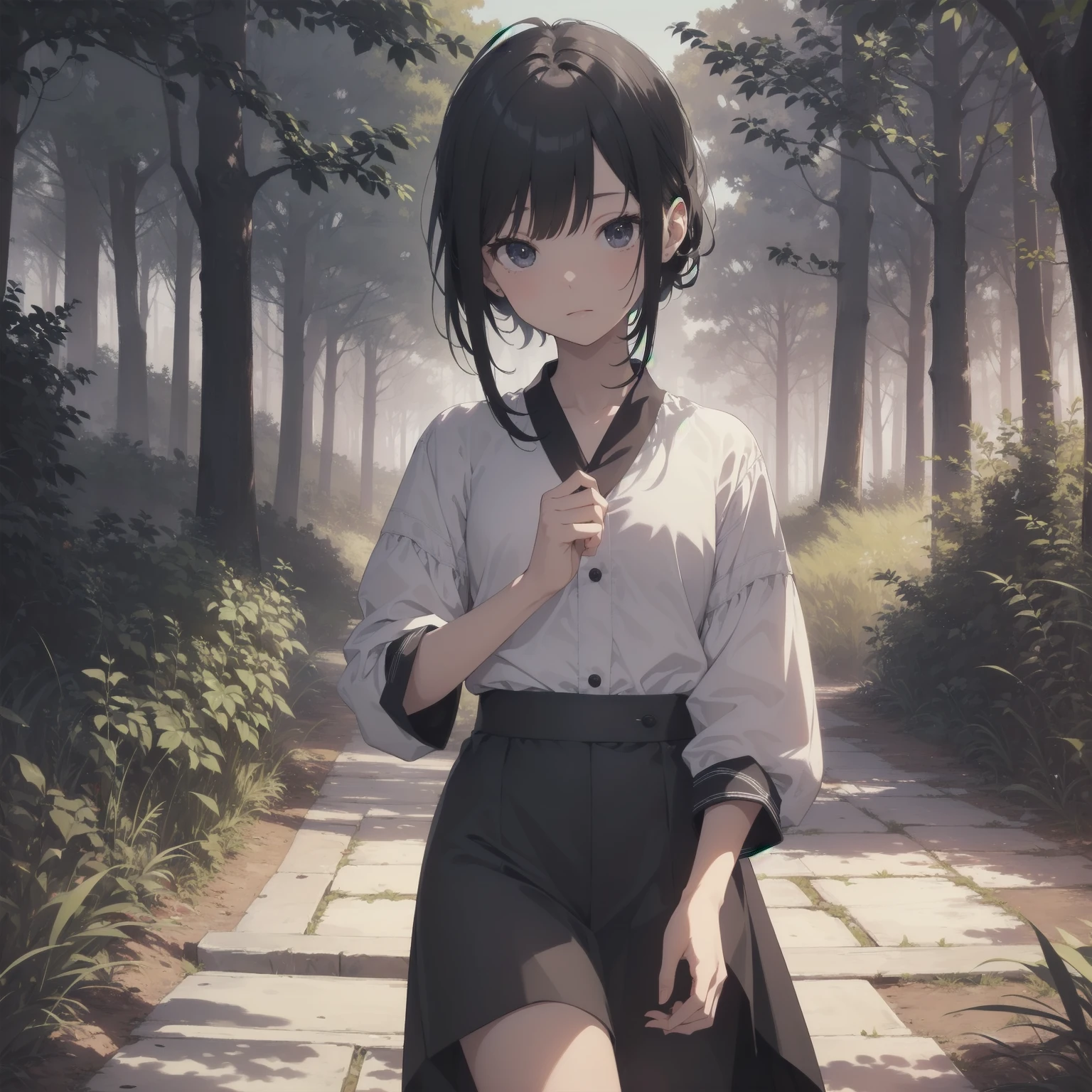 ultra-absurdres-Top quality by artist God, ultra-detailed, high resolution, anime moe artstyle, best anime 8k konachan wallpaper, pixiv contest winner, pool:2810, perfect anatomy,break, 1girl, ninja, (Please draw a ninja girl walking sleepily to forest alone. )break,(Solo,little female, 10-year-old:1.3),Full limbs, complete fingers,(very short hair), short cut, flat chest, , small butt, small black eyes, beautiful detailed eyes, well-proportioned iris and pupils, expressive eyes, highres detailed hair, expressionless, short kimono, shorts, scarf, (Detailed Lighting), (Detailed background), night, in the forest. break,super detailed skin, Best cinematic lighting powered by famous artist, 8k,beauty illustration,photoshop_(medium),very aesthetic,break,((artist:ishikei )), artist:clamp ,artist:carnelian ,artist:kantoku ,
