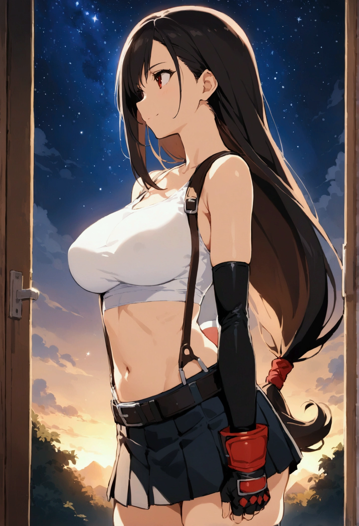 score_9,score_8_up,score_7_up,BREAK source_anime, masterpiece, best quality, (recent), perfect anatomy, very aesthetic,anime style,upperbody,,Solo,1girl, tifa lockhart, final fantasy,black hair, low-tied long hair, red eyes, bangs, (white tank top,gap),(High exposure),the ribs,belt, pleated skirt, thighhighs, elbow fingerless gloves, midriff, navel,suspenders.skirt),beautiful waist ,(large_breast:1.3),(from side,looking away),standing,arms in sides,light smile,,,outdoor,star sky,night, skin tight, depth of field、beautifully lit,great lighting