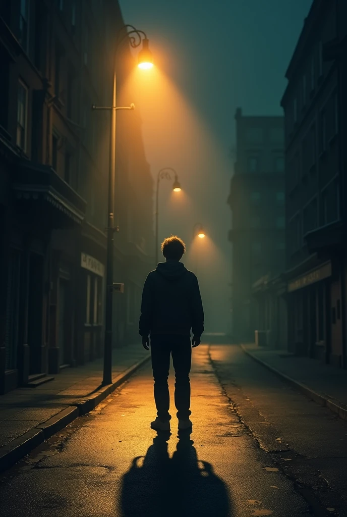 Alone man with long shadow street light and fear