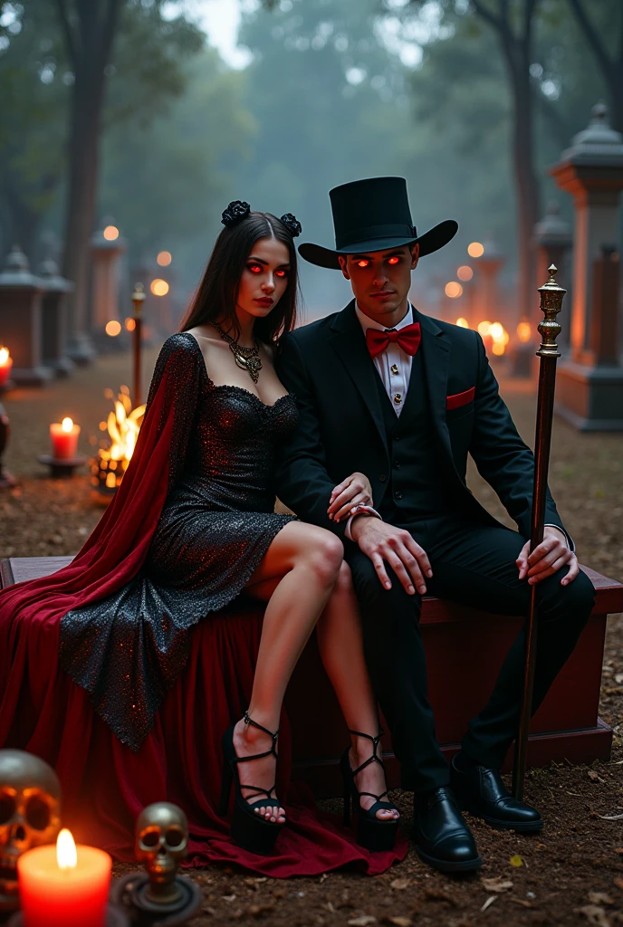 Beautiful woman and man, barba, seated on a coffin, black and red sparkly sexy dress, red and black cape, glass of champagne, candles, cemetery, fire, calaveras, whole body, necklaces, Red eyes, man black antique hat and red bow tie, walking stick, smile , vaso whisky, white men's clothing, Red eyes , darkness, terror, smile malvada, celebration