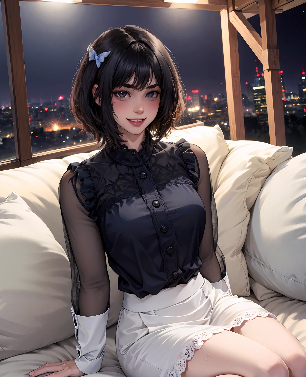 (8k, best quality, masterpiece:1.2), (realistic, photo-realistic:1.37), ultra-detailed,((( 1 girl))),solo,beautiful detailed sky,detailed cafe,night,sitting,dating,(nose blush),(smile:1.15),(closed mouth) small breasts,beautiful detailed eyes,(shirt:1.1), night, wet, rain,white lace, (short hair:1.2),floating hair NovaFrogStyle, ((full body)),stand, sexy, cute