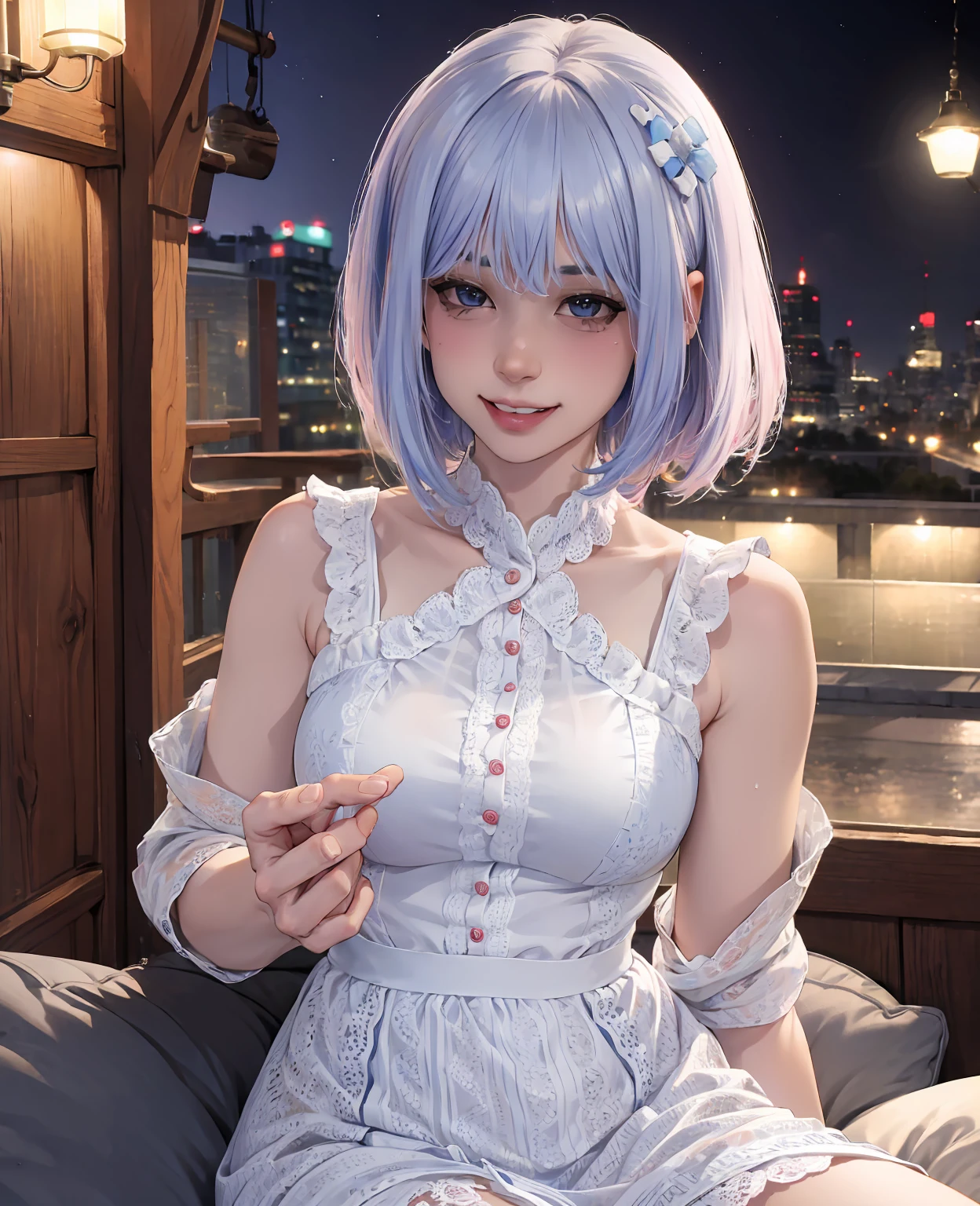 (8k, best quality, masterpiece:1.2), (realistic, photo-realistic:1.37), ultra-detailed,((( 1 girl))),solo,beautiful detailed sky,detailed cafe,night,sitting,dating,(nose blush),(smile:1.15),(closed mouth) small breasts,beautiful detailed eyes,(shirt:1.1), night, wet, rain,white lace, (short hair:1.2),floating hair NovaFrogStyle, ((full body)),stand, sexy, cute