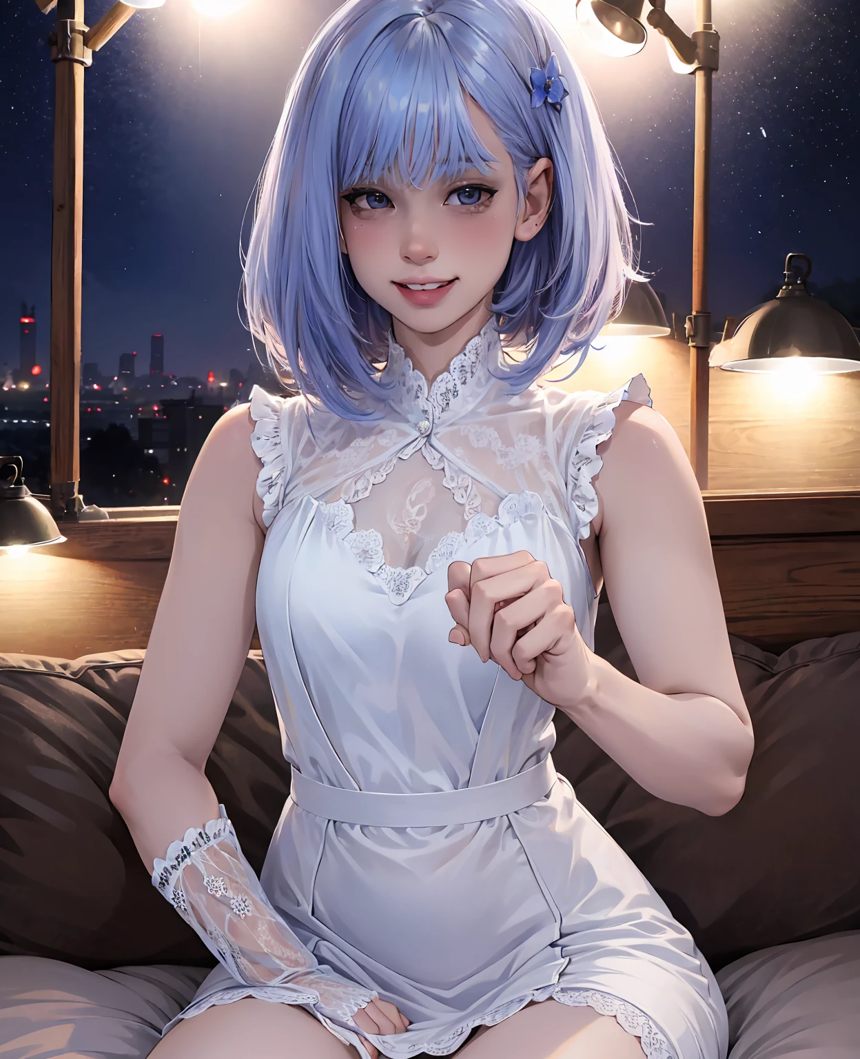 (8k, best quality, masterpiece:1.2), (realistic, photo-realistic:1.37), ultra-detailed,((( 1 girl))),solo,beautiful detailed sky,detailed cafe,night,sitting,dating,(nose blush),(smile:1.15),(closed mouth) small breasts,beautiful detailed eyes,(shirt:1.1), night, wet, rain,white lace, (short hair:1.2),floating hair NovaFrogStyle, ((full body)),stand, sexy, cute