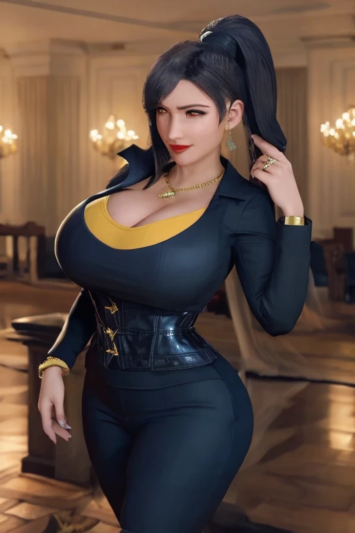 Tifa lockhart, implanted Big breast, long sleeve thin yellow  dress that show body curve with a cleavage,Game,1girl,Jewel ring,Gold chained round shape necklace,Hoopa earring,Bracelet,Red lips,(Dark blue eyeshadow),Big cleavage,hair bun,Beehive Bun style ,black hair,Look at us,Curvy,Unnatural big breast,Cleavage,black color long nail,Swaying hip,Head to waist view,eyes on us,Sculpted calves figure,Thick tights,Wide hips,very big cleavage,Enchanced big breast,((Diamond wedding ring)),Aristoticat ring, Detailed eyes,Busty,don corneo mansion,Madam tifa,View from front,dangerous cleavage,semi sweetheart cleavage,Solo,looking at you,Dignified expression