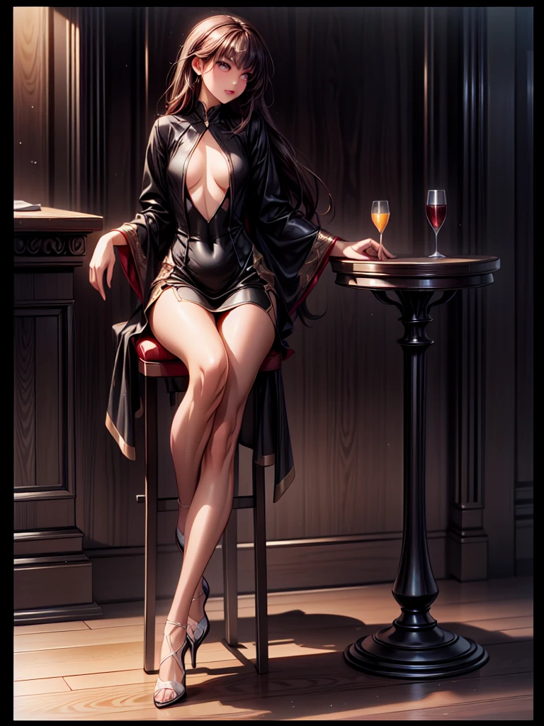 (full body shot:1.7) photorealistic image of a (sitting pose:1.7) ultrarealistic, photography, long red hair, woman, 24 years old, hourglass figure, perfect body, Flirty look, natural medium breasts, blur background, wearing a silk dress, sitting on a bar stool at the bar in a club, she has her legs crossed, she is wearing elegant red high heels, she has beautiful legs, she has long legs, full body, full body shot, full body photo, wide angle, wide angle shot