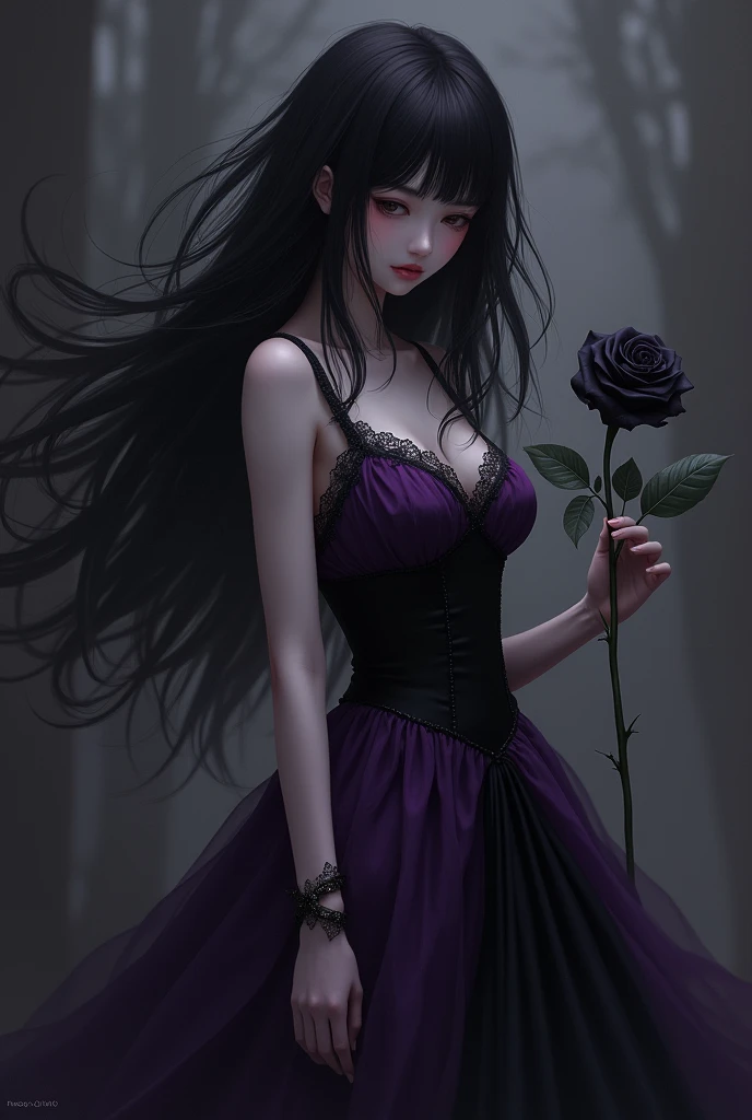 A black-haired girl in a black and purple dress with a black rose in her hand
