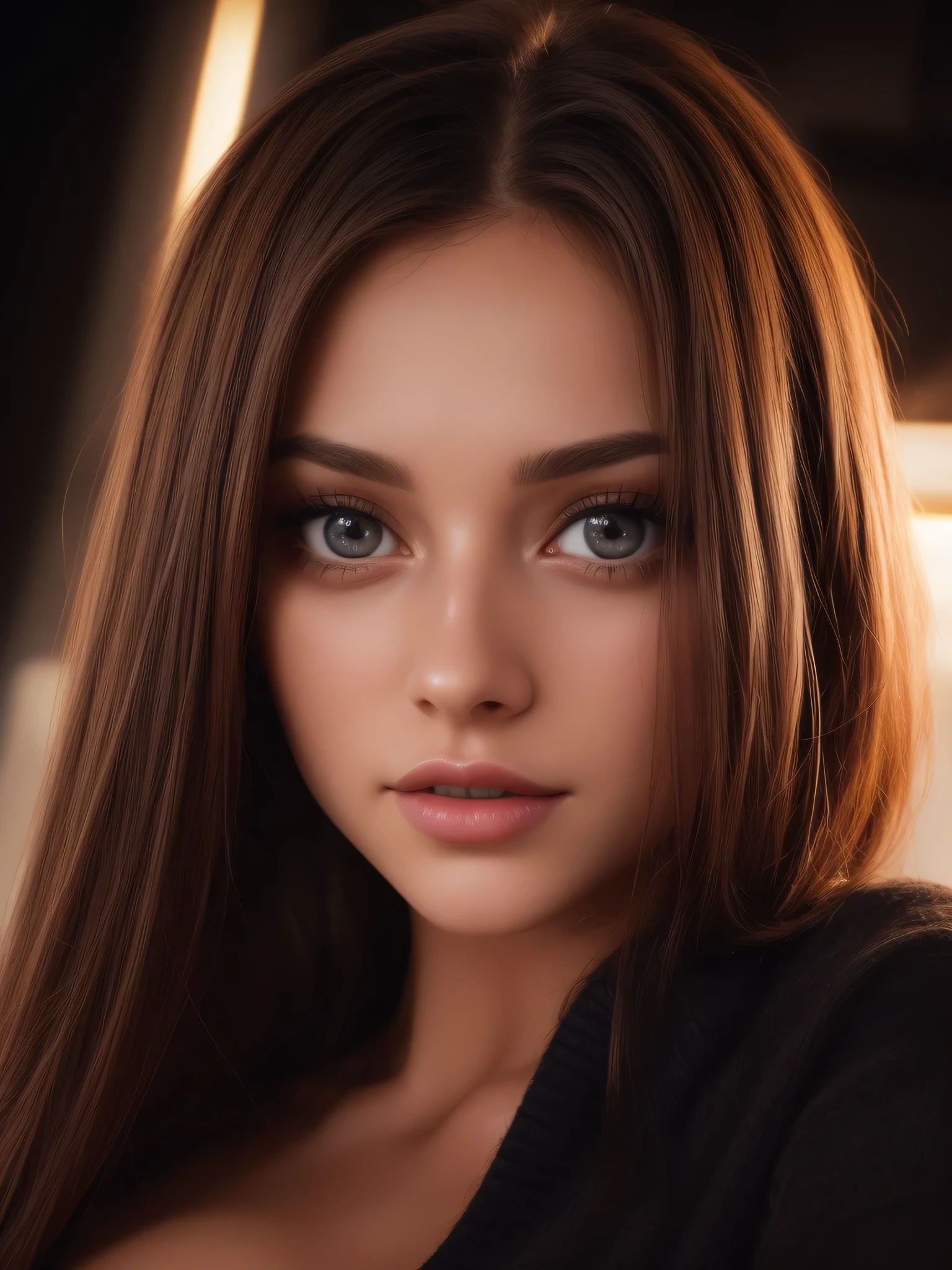 masterpiece, best quality, ultra-detailed, facing the camera head on, intricately detailed hyperdetailed, realistic, sharp features, highly detailed, sharp focus, perfect face, perfect face, perfect symmetrically perfect eyes, perfect full lips, flexible female form, red hairs, cinematic, film light, hyper detailed, hyper realistic, masterpiece, atmospheric, high resolution, vibrant, dynamic studio lighting, nsfw, ((Dark background)), Sexy face, Facial expressions when receiving pleasure, open mouse, straight Bangs, Big breasts, Exposed cleavage, blue Eyes,black sweater,red hair,very voluminous long eyelashes