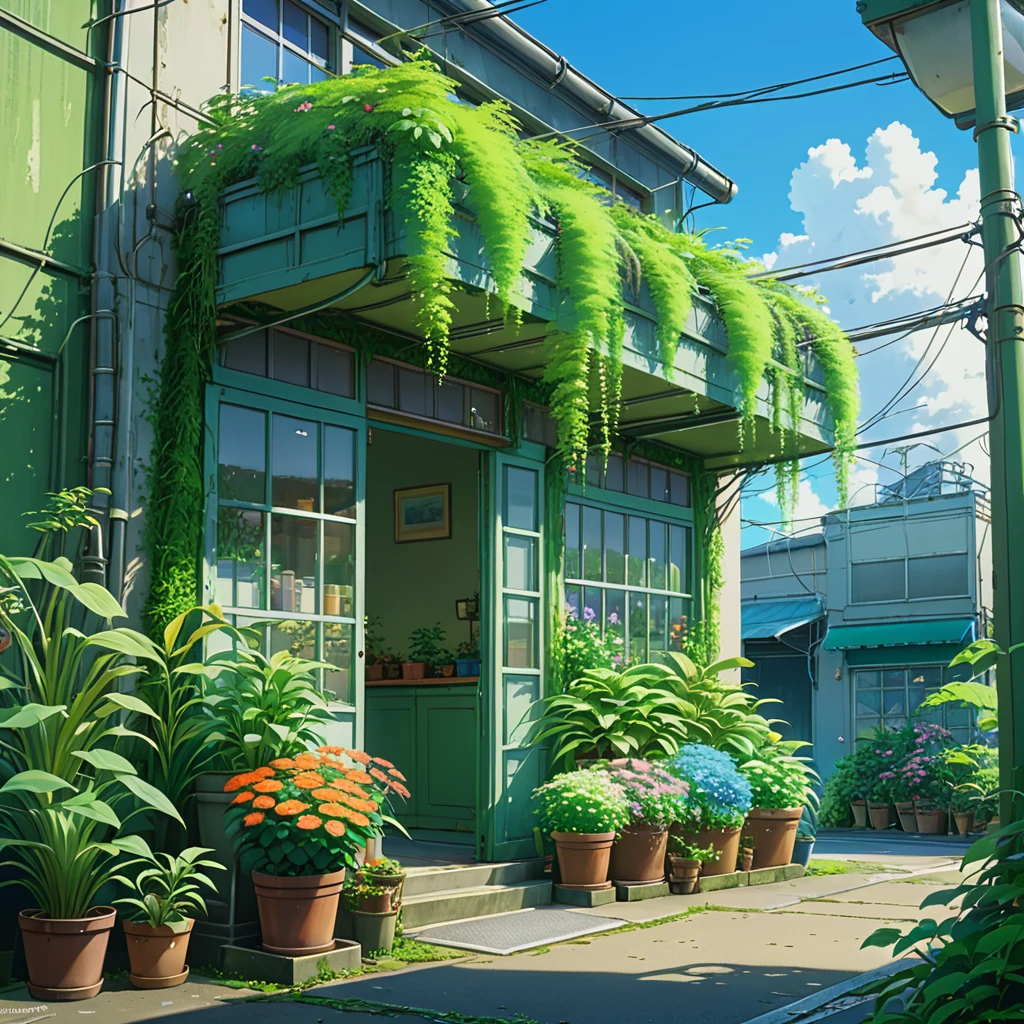 (masterpiece:1), a bunch of potted plants sitting on the side of a building, overgrowth. by makoto shinkai, studio ghibli environment, ( ( fantasy plants ) ), by Edward Okuń, makoto shinkai. high detail, intricate detailed environment, greenhouse, flower shop scene, by makoto shinkai, by Makoto Shinkai, intricate environments, anime painting , 4k hd,, beautiful art uhd 4 k, a beautiful artwork illustration, beautiful digital painting, highly detailed digital painting, beautiful digital artwork, detailed painting 4 k, very detailed digital painting, rich picturesque colors, gorgeous digital painting