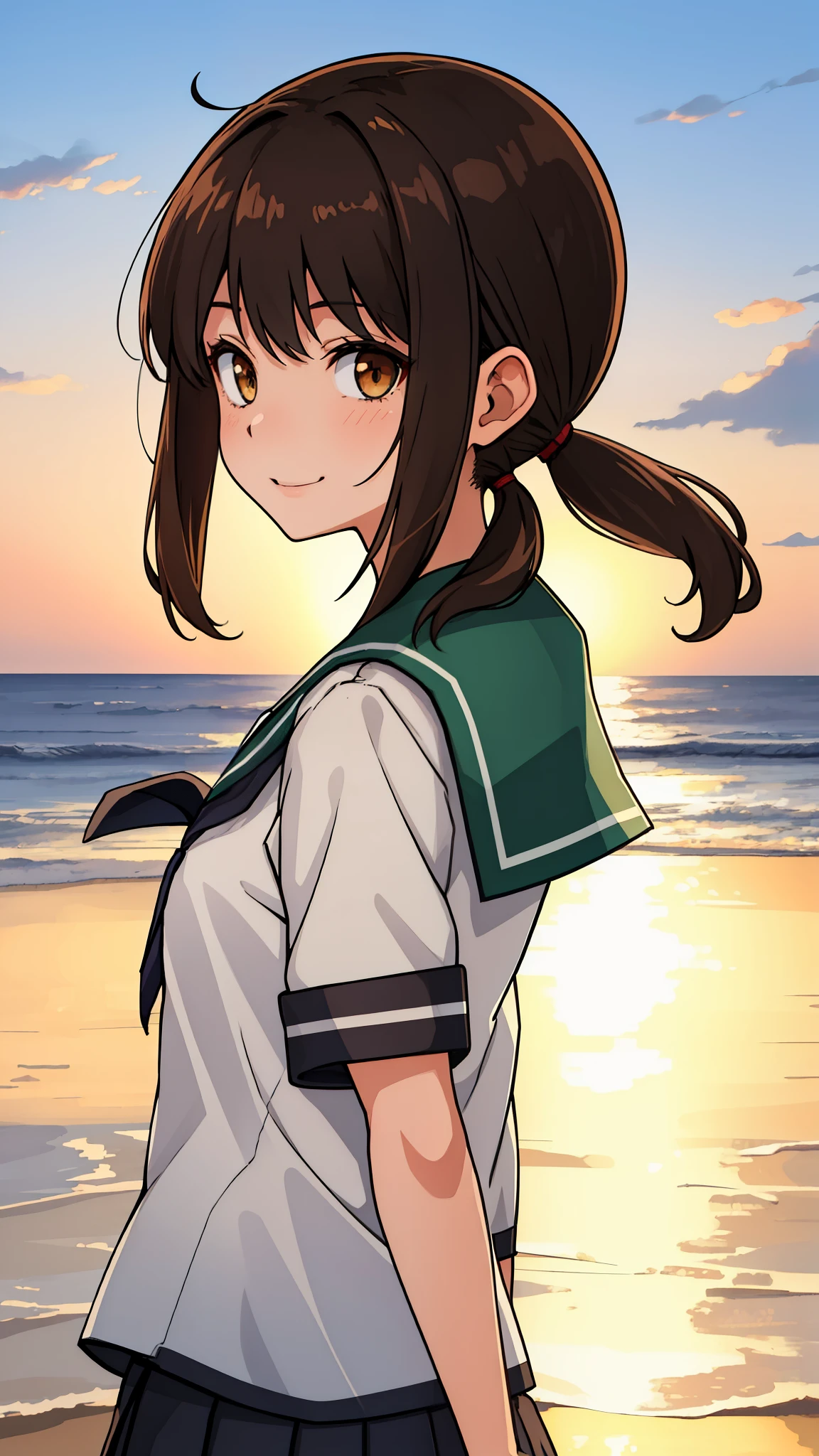 (masterpiece, best quality:1.2),illustration,8k,HD,Seaside,Sunset sky,1girl,solo,brown eye,upper body,(portrait:1.2),black_hair,short_ponytail,white seraph,sidelocks,low_ponytail,green_eyes,smile,black_eyes,school_uniform,pleated_skirt,skirt,