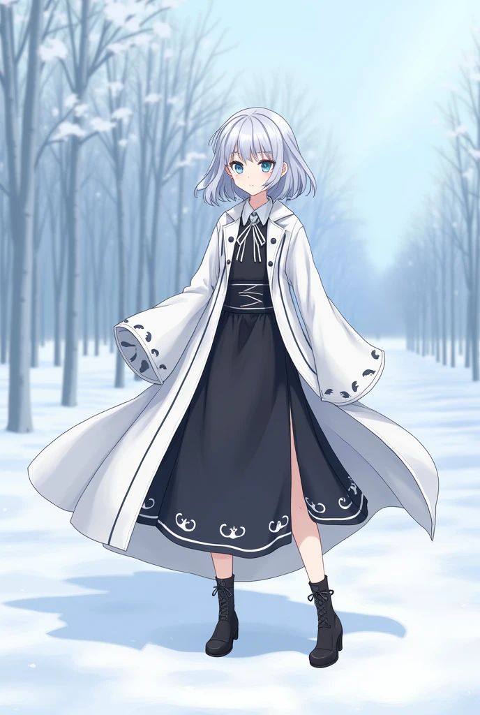 anime,change ,whole body, by the width, for white, blue eyes, black and white clothes, low snowy place in the background