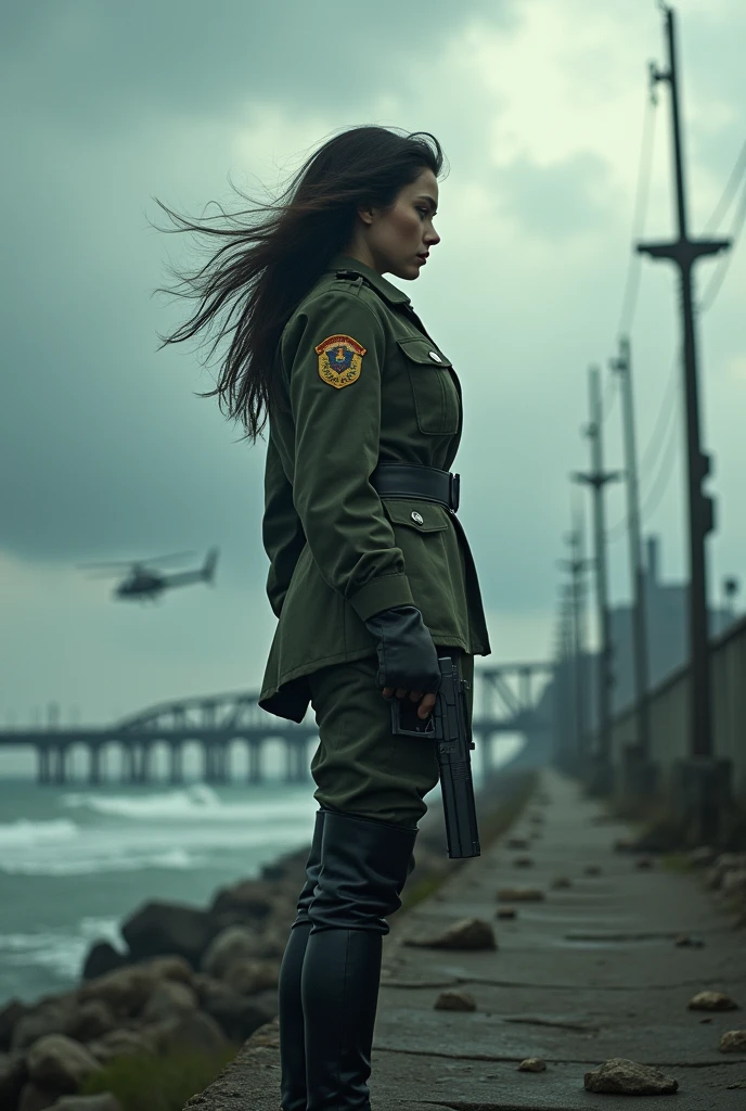 （Wide-angle lens）A 30-year-old woman with long black hair wearing military uniform.,Boots， trousers，high-heel boots，full-body shot，side，War Background，seaside，Iron bridge, Helicopters，Dark clouds sky，Science Fiction, dark的心情, full-body shot片，War atmosphere，Excellent detail，full-body shot片，Film Style，Soviet era，dark，Depressing atmosphere，In the wind and rain，Holding a pistol