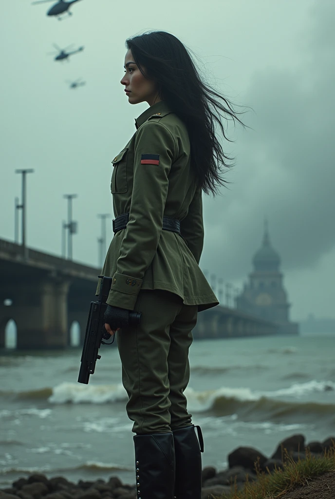 (Wide-angle lens)A 30-year-old woman with long black hair wearing military uniform.,Boots, trousers,high-heel boots,full-body shot,side,War Background,seaside,Iron bridge, Helicopters,Dark clouds sky,Science Fiction, dark的心情, full-body shot片,War atmosphere,Excellent detail,full-body shot片,Film Style,Soviet era,dark,Depressing atmosphere,In the wind and rain,Holding a pistol