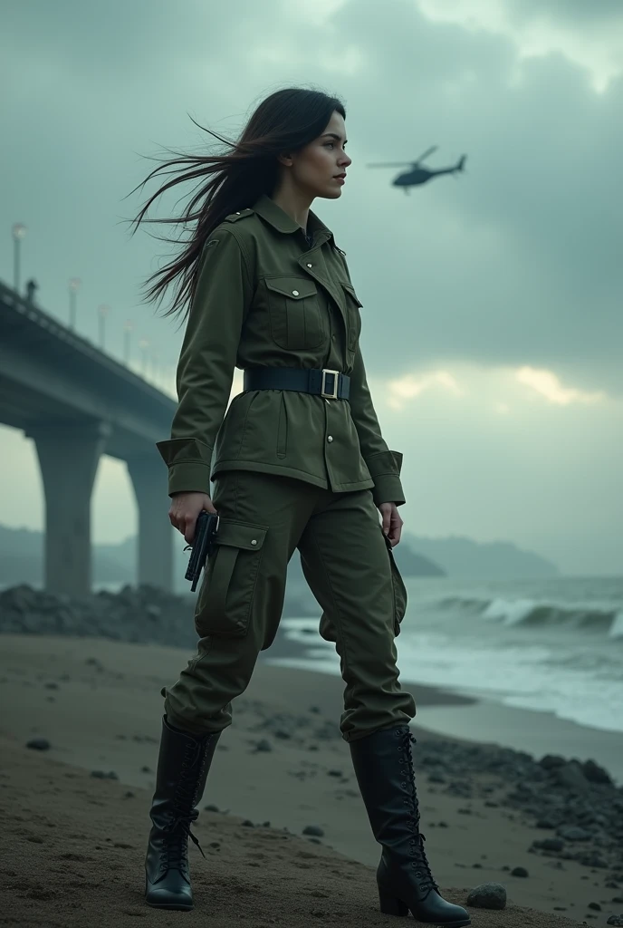 (Wide-angle lens)A 30-year-old woman with long black hair wearing military uniform.,Boots, trousers,high-heel boots,full-body shot,side,War Background,seaside,Iron bridge, Helicopters,Dark clouds sky,Science Fiction, dark的心情, full-body shot片,War atmosphere,Excellent detail,full-body shot片,Film Style,Soviet era,dark,Depressing atmosphere,In the wind and rain,Holding a pistol