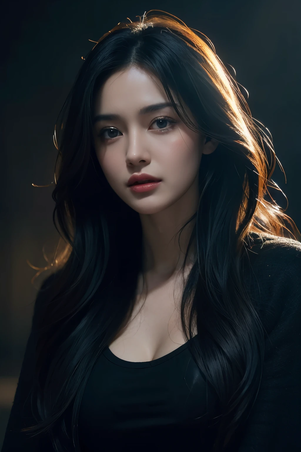 a beautiful woman, in the style of texture-rich layers, dark black and light black, the pictures generation, natural lighting, textural layers, celebrity image mashups, wavy --ar 9:16 --stylize 750 --v 6, portrait photography, cinematic