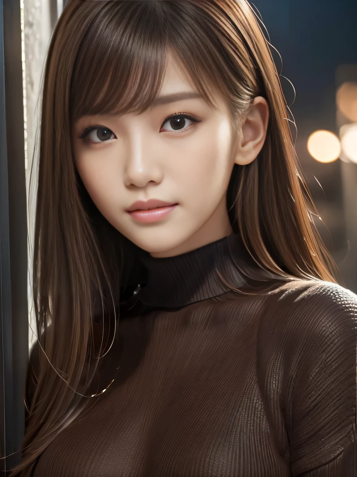 ​masterpiece, 1 beautiful girl, detailed eye, Puffy eyes, top-quality, high resolution, (Realisticity: 1.4), cinematlic lighting, Asian Beauty, Korea idol, Super beauty, Beautiful skin, slender, (A hyper-realistic), (hight resolution), (8K), (ighly detailed), (beautifully detailed eyes), (ultra-detailliert), (wall), detailed face, Bright lighting, profetional lighting, looking at viewert, Facing straight ahead, Black knitwear, oblique bangs, nighttime scene, Brown hair, age19, tall,