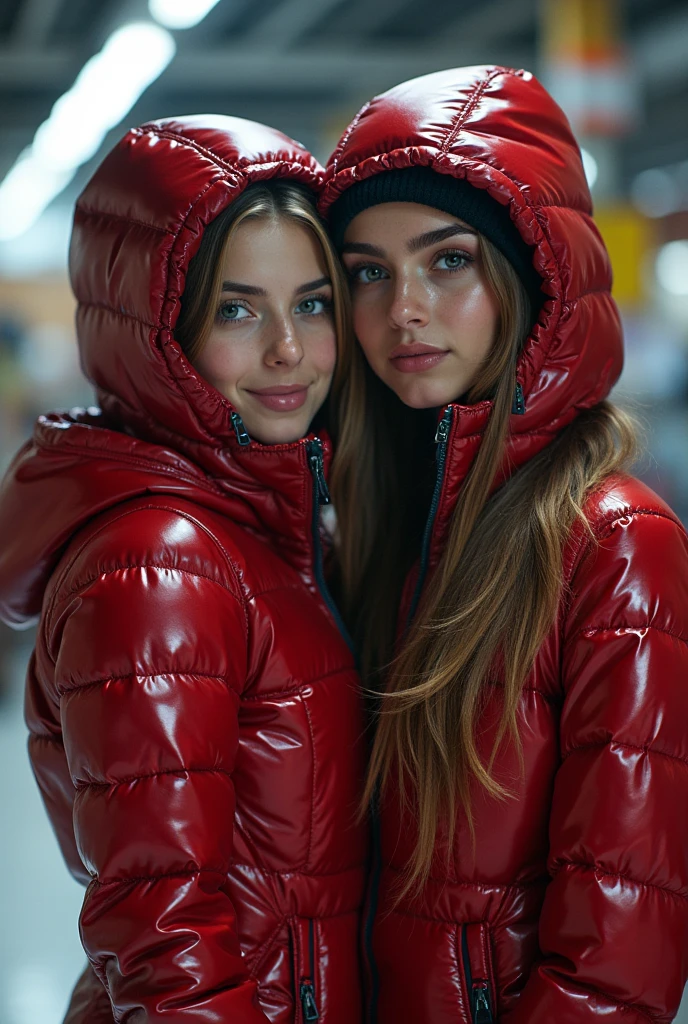 a slim ponytail 16 year old girl and her moaning bestie,beautiful detailed eyes,beautiful freckles,beautiful detailed lips,extremely detailed eyes and face,longeyelashes,in beautiful detailed hooded formfitting duvetica overfilled shiny super gleamy super thick glossy fully-unzipped puffer jacket covering her zipped super padded skisuit,latex stirrup legging,symmetrical,standing in a pufferstore,masterpiece,cinematic,lifelike,hyperrealistic,8k,photorealistic,highly detailed,intricate,exquisite,elegant,beautiful,stunning, head to toes photo