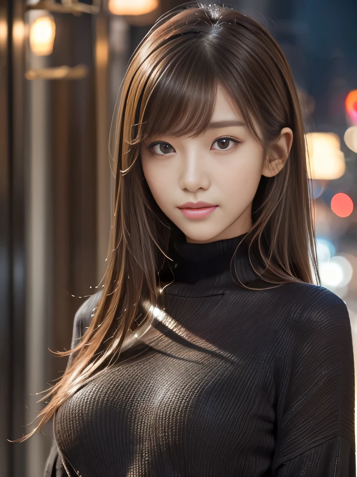 ​masterpiece, 1 beautiful girl, detailed eye, Puffy eyes, top-quality, high resolution, (Realisticity: 1.4), cinematlic lighting, Asian Beauty, Korea idol, Super beauty, Beautiful skin, slender, (A hyper-realistic), (hight resolution), (8K), (ighly detailed), (beautifully detailed eyes), (ultra-detailliert), (wall), detailed face, Bright lighting, profetional lighting, looking at viewert, Facing straight ahead, Black knitwear, oblique bangs, nighttime scene, Brown hair, age19, tall,