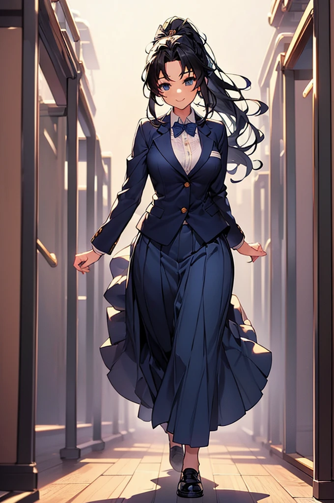 (((beautiful))), (((Navy blue blazer, Long skirt, One Woman, Walking, full body))), ((Black Hair, Long Hair, ponytail, hair ornaments)), Large Breasts, Huge Saggy Tits, Glowing Skin, (((Intricate details))), High resolution, ((Intricate details, Ultra-detailed)), from front, cowboy shot, (looking at viewer, look at viewer), Red cheeks, smile, noon, School classroom,