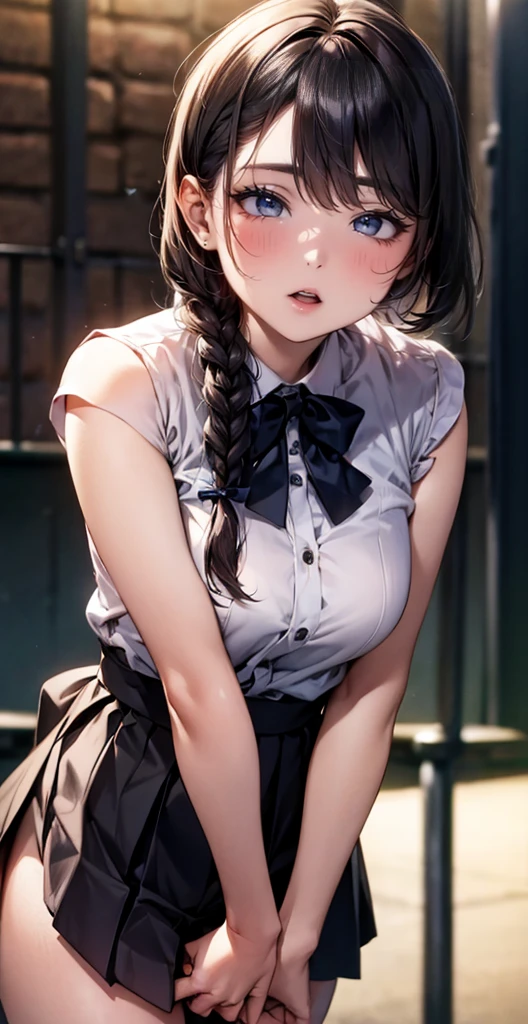 jk school girl uniform , Punished, , Kneeling, Behind bars, dungeon, Be punished, Be punished in dark prison cell , Many chains hang, Bound by chains, Get wet, enjoying, hyper HD, Textured skin, Super detail , big breasts , skirt dark red , plaid skirt , pleated skirt , Tight shirt , white Shirt , stockings , zombie school girl , red knot , red bow , zombie , dirty clothes ,The clothes were full of stains , wet white shirt , a lot of garbage and junk , Littered with filth , dripping wet, Wet hair, Wet skin, translucent, Glittering with oil , I'm drooling a lot , A lot of drooling