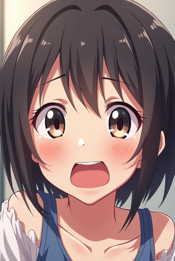 from above,face focus,open mouth,tongue out,cum on tongue,lick,(1girl,Beautiful 16 year old girl),((Slender,Baby Face,Small face)),looking at viewer,looking ahead,look up,Black Hair,bangs,two side up,Gray Eyes,Drooping eyes,slit pupils,narrow eyes,sweater,midriff peek,bare shoulder,Beautiful and detailed anime art,Mischievous smile,Dimly lit room,Simple Background,Gray background,Low lighting