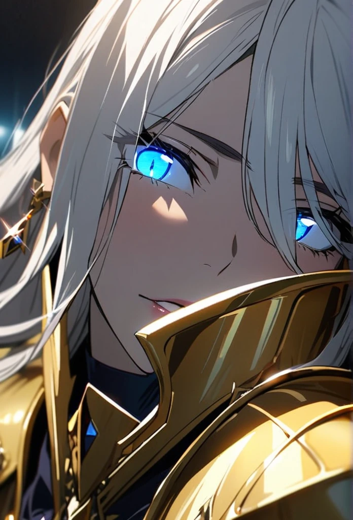 woman, blue eyes,  long hair, white hair, mature, god eyes, diamond earrings, glowing eyes, blue eyes, golden armor, half eyes, macro picture