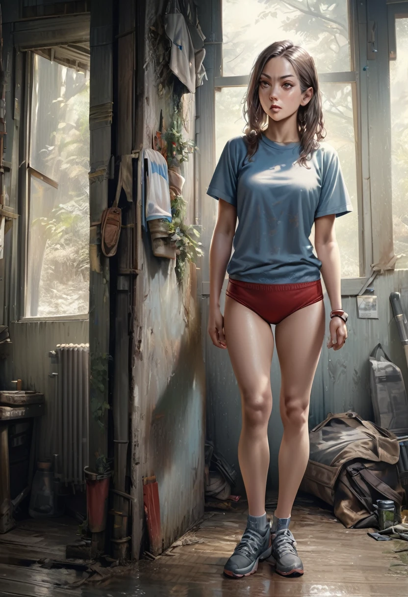 woman in t-shirt and buruma, full body, standing, realistic.