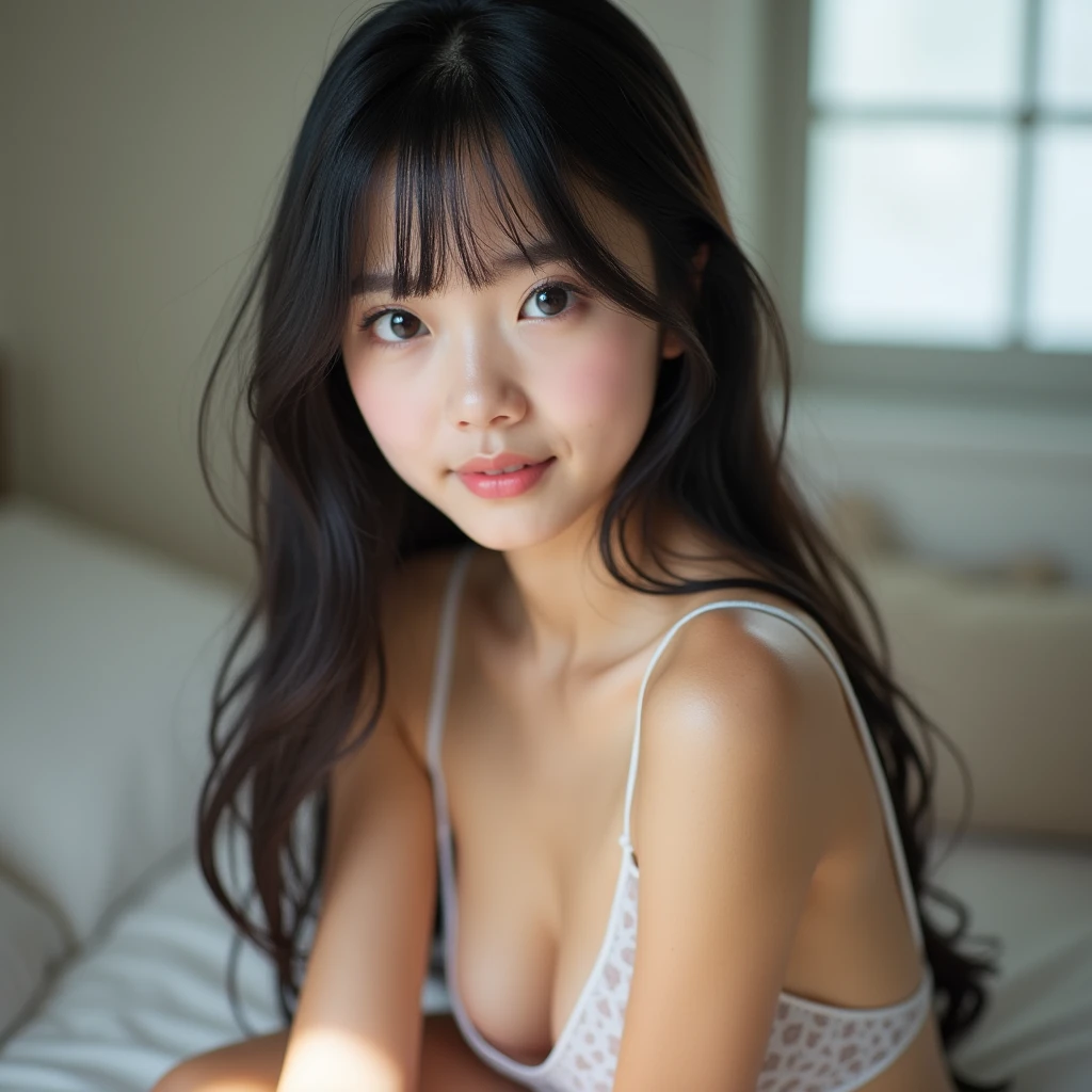 13 years old asia girl, white skin, super cute, small breasts, shirtless, sitting on the bed, sexy