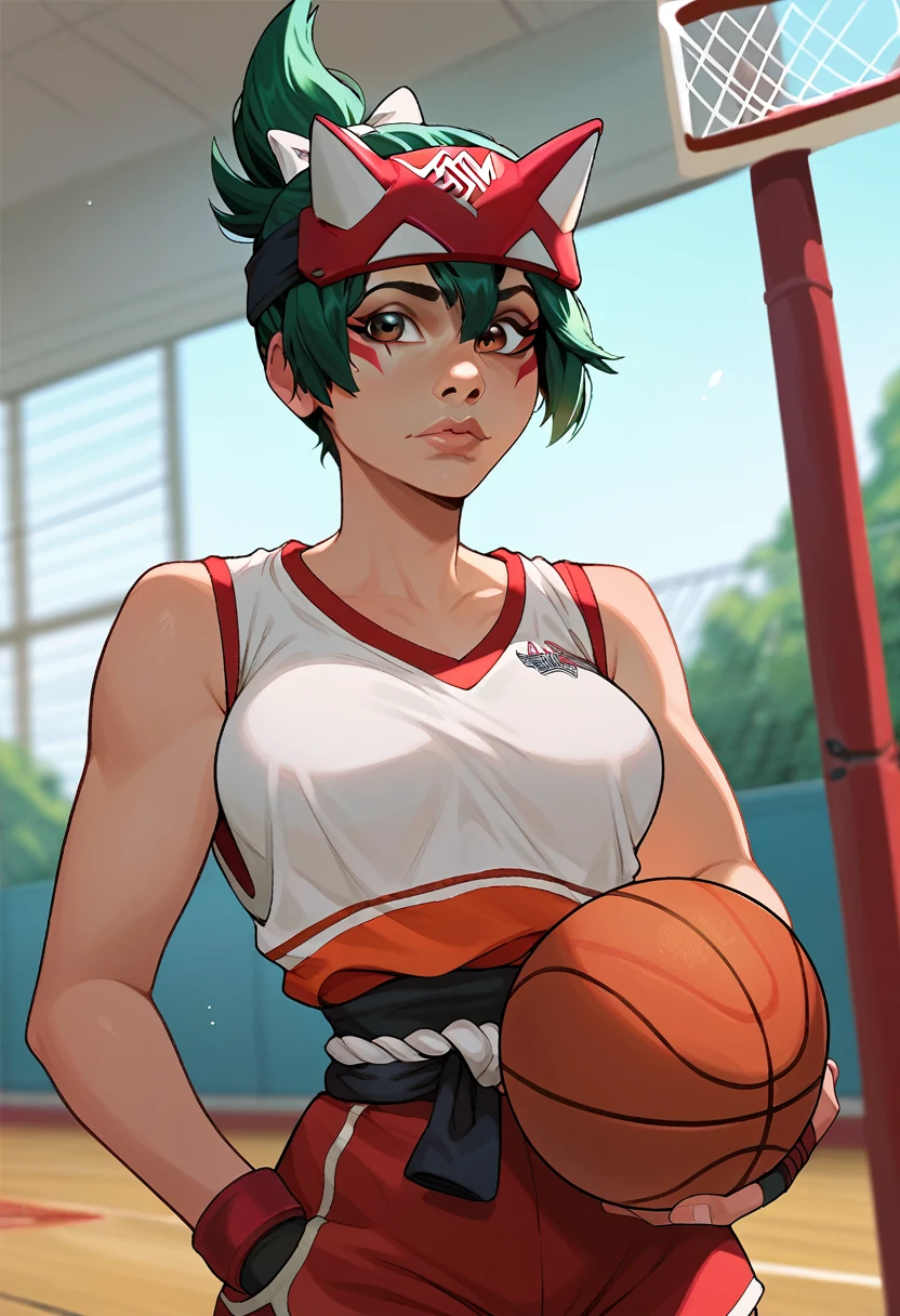 score_9, score_8_up, score_7_up, 1girl, solo, kiriko \(overwatch\), green hair, basketball jersey, depth of field,