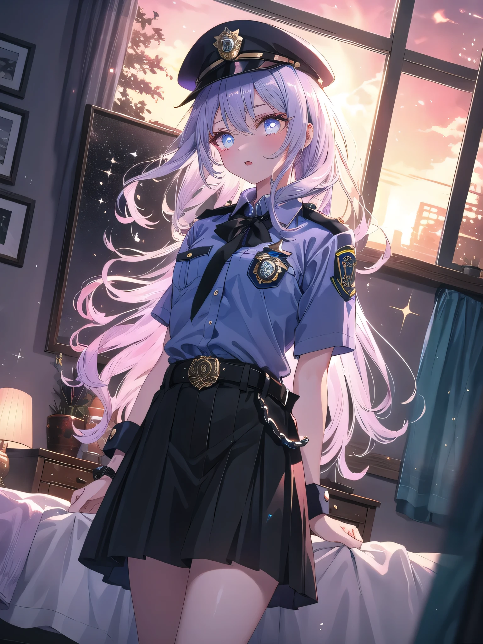 ((8k, Highest quality, masterpiece: 1.3)),Ultra-high resolution,(1 girl, alone), (Color changing eyes, Ultra-detailed, Expressive brilliance, Glitter, Glowing Eyes), Highly detailed eyes, Highly detailed face, Random Hair, ((pastel colour)),A confident young woman with pastel lavender hair styled into loose curls, standing in front of her full-length mirror in her bedroom during the late afternoon. She is dressed in a bold police officer cosplay, wearing a tight blue shirt with a badge, a short black skirt, and a pair of handcuffs hanging from her belt. The camera captures her from a low angle as she adjusts her hat, her expression playful yet authoritative. The room is bathed in the warm glow of the setting sun, with a few crime novels on the nightstand and a pair of sunglasses resting on the dresser, creating a scene of playful power dynamics.