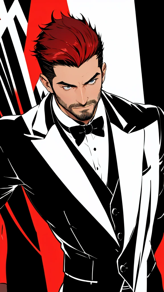 solo、a short haircut with spiky hair、Black suit、Black tie、A young man with red hair, (((Stubble))),American Comics、