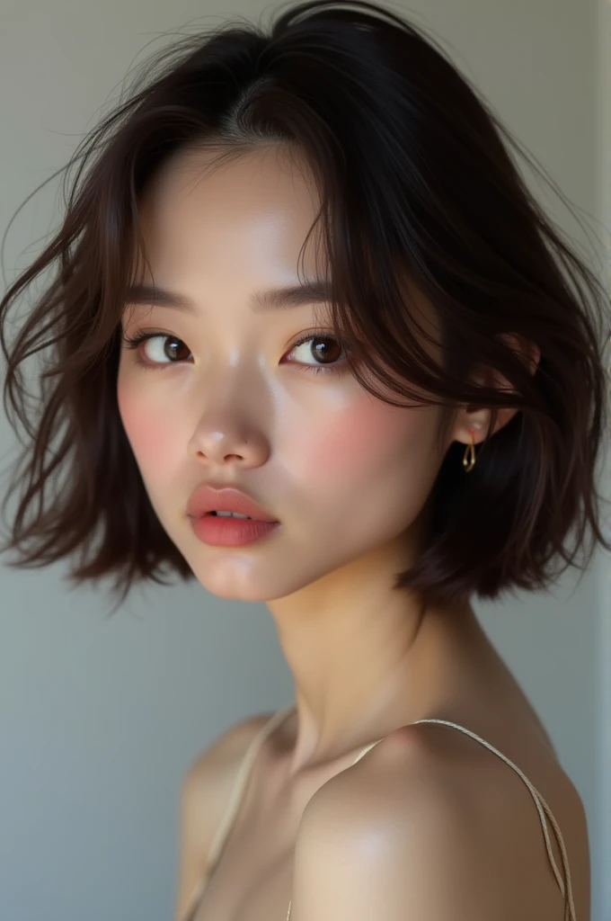 Face of a 24 year old brunette woman with bobbed hair