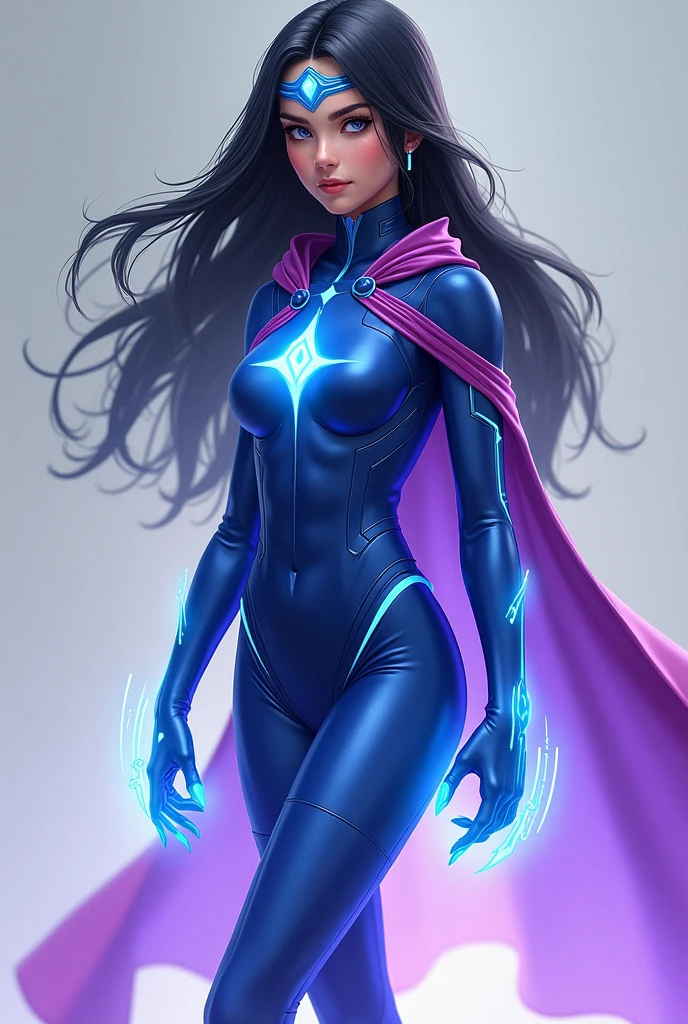 A girl with black hair Heroine, with light blue eyes, white, her costume is blue and violet, without a cape, a headband is described by her power of telepathy and passing through walls the character must be. Created full body