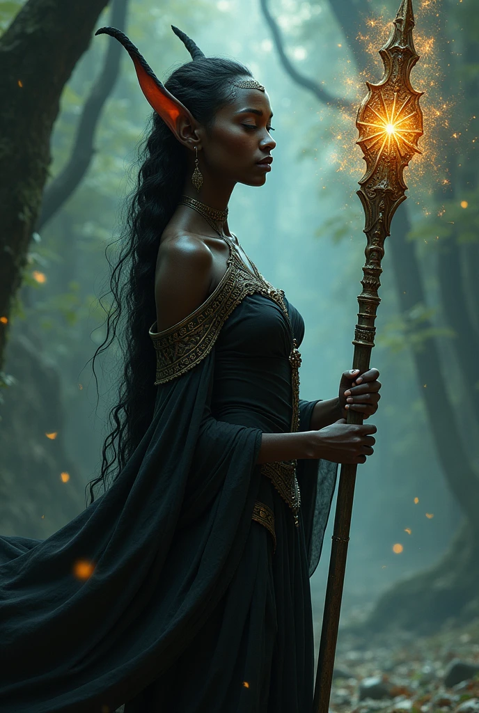 A black goddess might have deep, ebony skin, long flowing hair, and striking, expressive eyes. She could be adorned with intricate jewelry, such as a crown, necklaces, and bracelets, and wear flowing, richly decorated garments, holding a staff with a horn on her head, make her with out cloth 