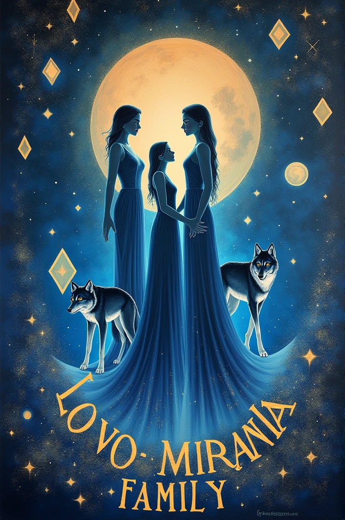 Elegant painting with moons, diamonds, wolves and bright letters ( LOVO MIRANDA FAMILY 