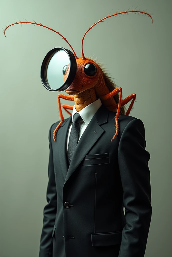 a male cockroach with human features, wearing a black suit with a tie and a large magnifying glass covering one eye, a fun and eye-catching image