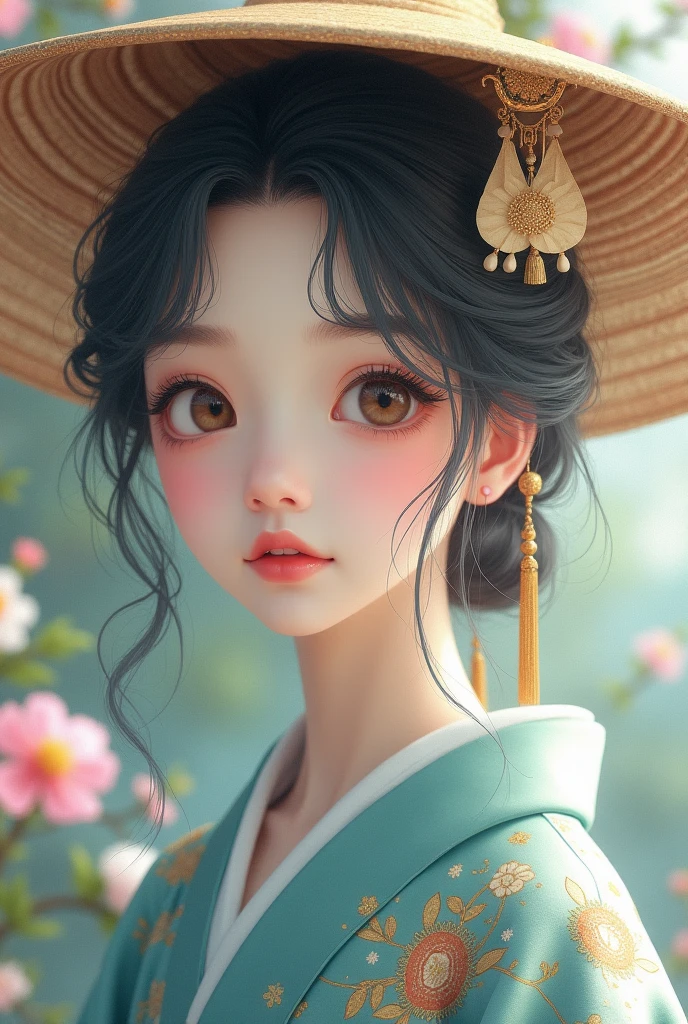 In high resolution、Close-up portrait of a young woman with soft and fantastic beauty。She is fair-skinned and、Large, expressive eyes and long eyelashes、It gives a doll-like impression.。Hair is shoulder length、Slightly wavy、It features a muted bluish hue and soft highlights.。She is wearing a traditional embroidered kimono.、The color is blue-green and gold、The delicate floral pattern drawn with fine lines is distinctive.。A pale blue undergarment can be seen underneath the kimono.。On his head he wears a wide-brimmed pointed hat、Made from a shiny, silky material、It matches the same color scheme as the kimono.。Background of pink and white flowers々is drawn in a blurred state.、The green leaves add contrast。overall、Calm and quiet atmosphere、It adds an element of fantasy。